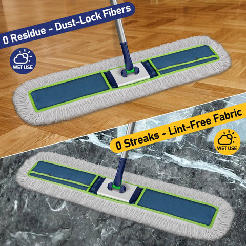 41 Inch Wide Industrial Dry Mop For Heavy Duty Cleaning on hardwood and tile surfaces, showing dust-lock fibers and lint-free fabric