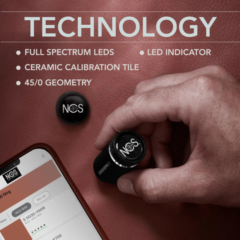 Hand using Bluetooth Color Reader for Designers, Instantly Scan and Match Colors, shown with calibration cap and smartphone app.
