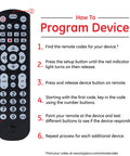Instructions for programming Backlit Universal Remote That Handles Four Devices, Boss Control for various brands, black.