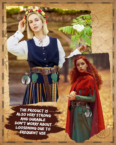 Two women in medieval costumes showcasing Rad Renaissance Belt Kit with waist strap, pouch, flask, and mug holster.