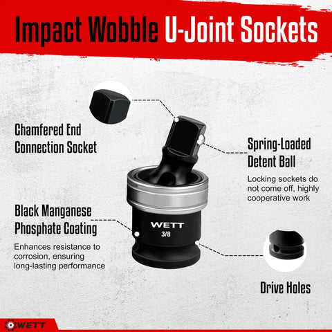3 Piece Impact Universal Joint Set With 1/4 Inch 3/8 Inch And 1/2 Inch Drive Swivel Sockets, Heavy Duty Alloy Steel U Joint Sockets