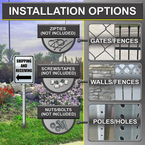 Left Arrow Directional Shipping And Receiving Sign Outdoor Durable Black On White With Mounting Holes Rust Resistant Rounded Corners 10 By 14 Inches Heavy Duty installation options graphic
