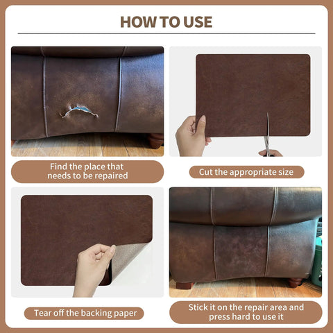 Instructions for using Self-Adhesive Leather Repair Patch 8x11 Inch Peel and Stick for Sofas, cut, peel, and stick process
