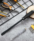 12 Inch Duct Slitter Hand Sheet Slicer for cutting metal pipes, black handle, beveled notch tip, surrounded by various hand tools