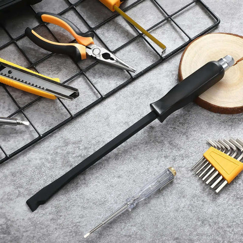 12 Inch Duct Slitter Hand Sheet Slicer for cutting metal pipes, black handle, beveled notch tip, surrounded by various hand tools