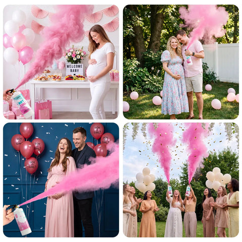 Epic Gender Reveal Fire Extinguisher Kit Featuring Biodegradable Pink And Blue Cornstarch Powder For Massive Baby Shower Blowouts in various celebrations.