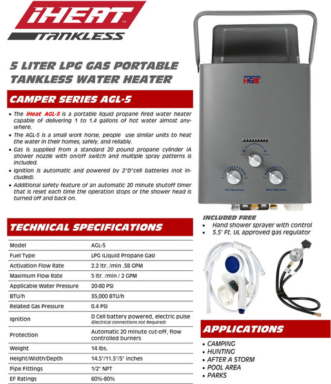 Tankless AGL5 Propane Gas Water Heater Kit Portable 34000 BtuHr 5 Liter product image with specifications and applications.