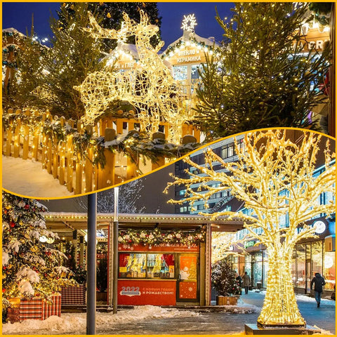 240 LED 88ft Connectable String Lights Indoor Outdoor Warm White Fairy Lights illuminating holiday reindeer and tree decor