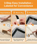 Rug Corner Grippers 12 Pack With Triangle And Trapezoid Designs installation steps on hardwood and tile floors.