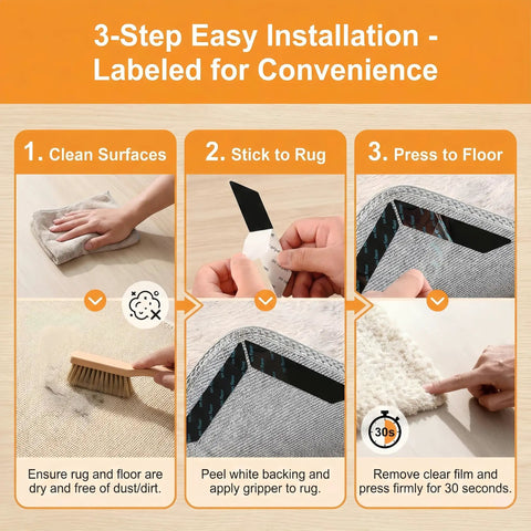 Rug Corner Grippers 12 Pack With Triangle And Trapezoid Designs installation steps on hardwood and tile floors.