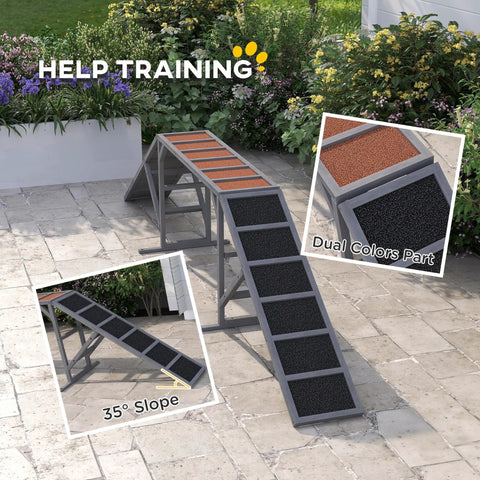 Wooden Dog Agility Ramp With Safety Bar And Non Slip Surface for Backyard Park, dual color visibility, 35° slope, gray.