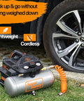 Go-To Portable Air Compressor 2 Gallon 135 PSI Battery Powered Ultra Quiet 60dB And Lightweight next to car tire