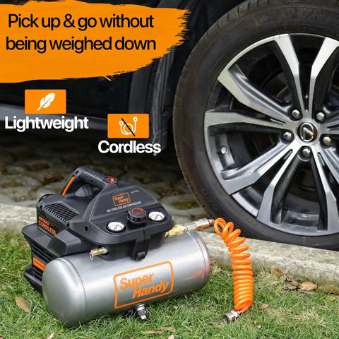 Go-To Portable Air Compressor 2 Gallon 135 PSI Battery Powered Ultra Quiet 60dB And Lightweight next to car tire