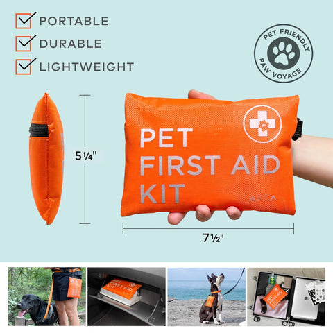 Waterproof High Visibility Dog First Aid Kit in reflective orange pouch held in hand, details and usage shown.