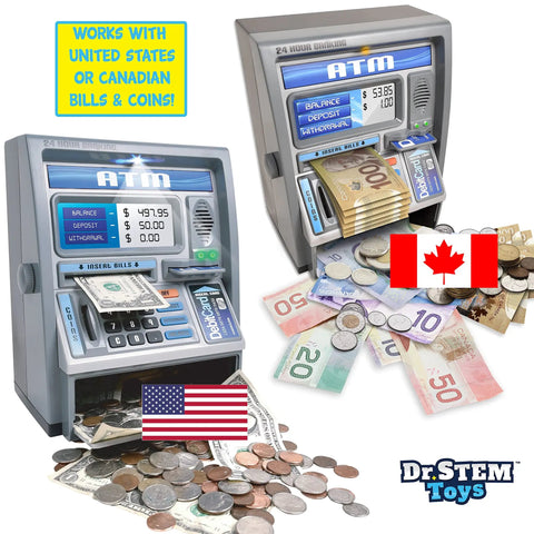 Talking ATM Piggy Bank For Kids With Digital Screen And Real Money Calculator in silver with US and Canadian currency