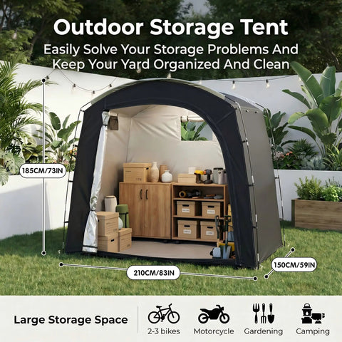 Mega Roomy Outdoor Bike Storage Tent Shed 82 By 59 By 73 Inch Portable Waterproof for bikes and garden tools, black exterior