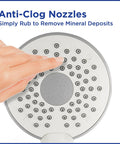 Hand touching anti-clog nozzles on the 7.5-inch face of Flexible Arm Rainfall Shower Head With 12 Inch Flex Neck, white