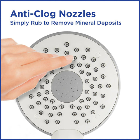 Hand touching anti-clog nozzles on the 7.5-inch face of Flexible Arm Rainfall Shower Head With 12 Inch Flex Neck, white