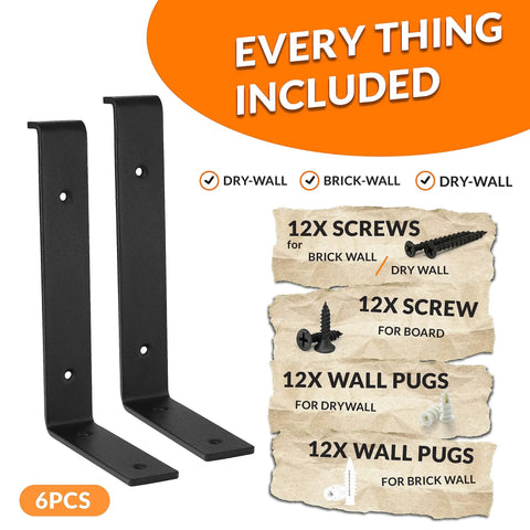 10 Inch Z Shelf Brackets With Lip For 9.25 Inch Boards, Beefy Heavy Duty Black Wall Mounted Shelving Brackets Pack Of 6