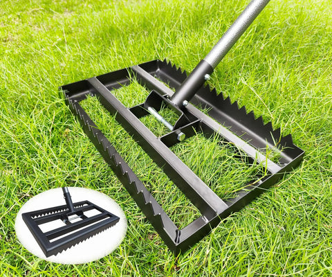 Tough As Nails Heavy Duty Lawn Leveling Rake With 74 Inch Adjustable Handle, reinforced welds, shown on grass, close-up view