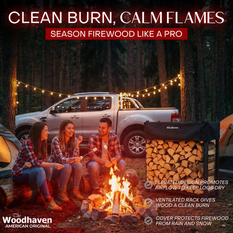 Heavy Duty Firewood Rack For Indoor Outdoor Use, 3-Foot Tall Steel Log Storage Stand with cover near campfire scene