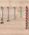 Three Quarters Inch Drive Socket Organizer Red Rail For Impact Sockets on pegboard with wrenches in garage setup