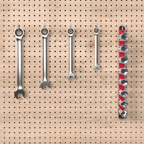 Three Quarters Inch Drive Socket Organizer Red Rail For Impact Sockets on pegboard with wrenches in garage setup