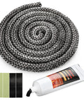 Wood stove gasket rope, 1/2 inch, graphite-impregnated fiberglass, coiled with glue tube and color swatches