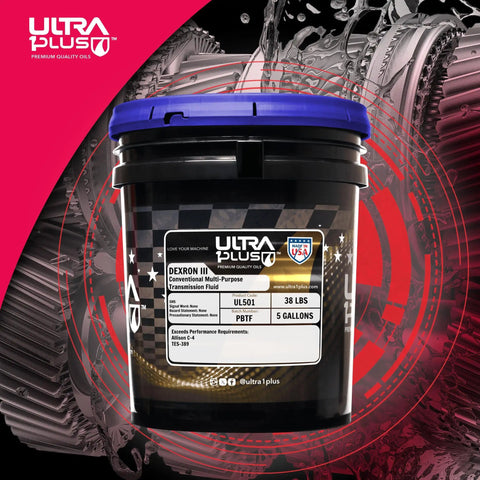 Dexron III Mercon Automatic Transmission Fluid For Smooth Shifts And Solid Performance 5 gallon container with blue lid