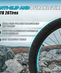 Close-up of 26 inch mountain bike tire showing durability features for trails and city rides with high traction tread and wear-resistant materials.