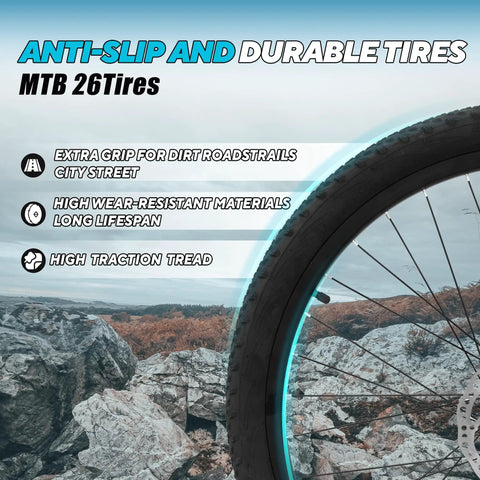 Close-up of 26 inch mountain bike tire showing durability features for trails and city rides with high traction tread and wear-resistant materials.