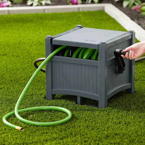 Two Pack Hideaway Garden Hose Reel System With Tangle-Free Retraction Stores 100 Feet Of 5/8 Inch Vinyl Hose In Cyberspace Grey