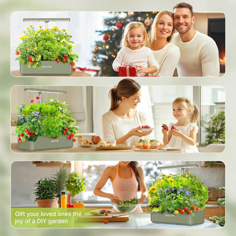 Family using 12 Pod Indoor Hydroponics Growing System With 24W LED Grow Light Plug And Play Quiet 4L Water Tank And Built In Pump