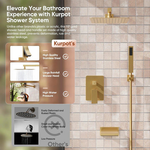 Slick Brushed Gold Shower System Featuring Wall Mounted Rainfall Head And Adjustable Body Spray Jets, Includes Durable Tub Spout, Hassle Free Plumbing Setup, Premium Fixtures For Your Bathroom Glow Up