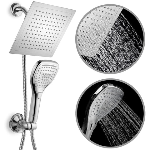 9 Inch Rainfall Shower Head And Handheld Combo With Push Button Flow Control in Premium Chrome Finish, showcasing both modes.