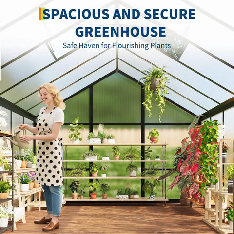 6x10 Ft Outdoor Greenhouse With Polycarbonate Panels Roof Vent Ground Nails Lockable Walk In Door Aluminum Frame Black Backyard Garden House For Patio Lawn And Garden Weather Resistant And Easy Access