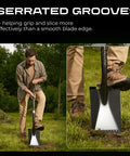 Man using a Lightweight Carbon Fiber Shovel With Ergonomic Handle For Gardening, Heavy Duty Flat Spade, showing serrated grooves.