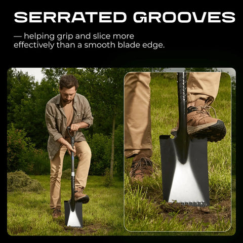 Man using a Lightweight Carbon Fiber Shovel With Ergonomic Handle For Gardening, Heavy Duty Flat Spade, showing serrated grooves.