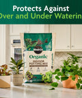Organic Indoor Potting Mix With Smart Moisture Regulation for balanced soil in indoor plants, 16 quarts bag on kitchen counter.