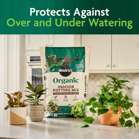 Organic Indoor Potting Mix With Smart Moisture Regulation for balanced soil in indoor plants, 16 quarts bag on kitchen counter.