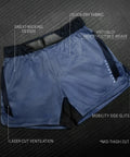 Core Mid Thigh Fight Shorts For NoGi JiuJitsu Blue Medium with side slits, sweat-wicking design, and quick-dry fabric