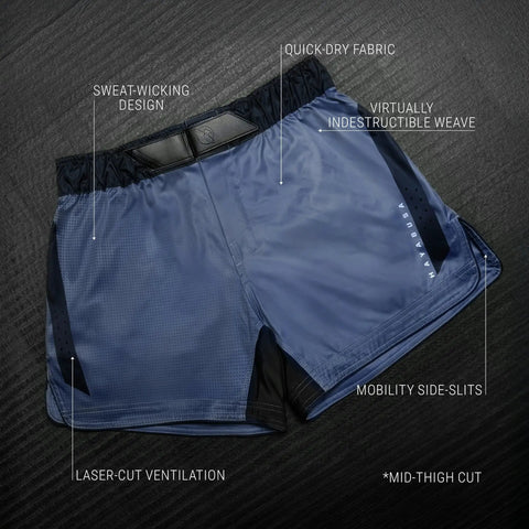 Core Mid Thigh Fight Shorts For NoGi JiuJitsu Blue Medium with side slits, sweat-wicking design, and quick-dry fabric