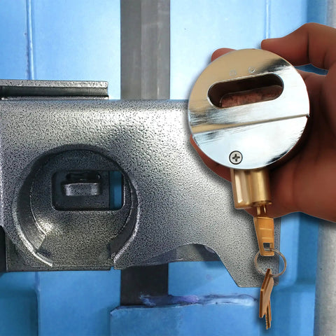 Hand holding Two And Seven Eighths Inch Beefed Up Heavy Duty Solid Steel Padlock With Hidden Shackle Hardened Reinforced Shackle.