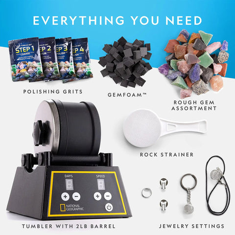 Pro Rock Tumbler Kit For Adults And Kids with 2 lb barrel, rocks, grit, GemFoam, polisher set, and accessories displayed.
