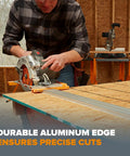 Pro Grade 50 Inch Circular Saw Guide Rail With Rock Solid Clamping Mechanism For Straight As An Arrow Rip Cuts And Smooth Track Saw Runs On Plywood Or Lumber Boards in use with a circular saw on plywood.