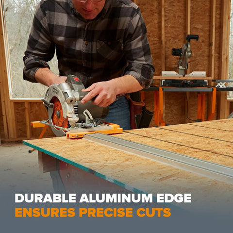 Pro Grade 50 Inch Circular Saw Guide Rail With Rock Solid Clamping Mechanism For Straight As An Arrow Rip Cuts And Smooth Track Saw Runs On Plywood Or Lumber Boards in use with a circular saw on plywood.
