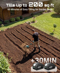 Individual using Cordless Tiller Cultivator For Gardening, 20V With Dual 4Ah Batteries on large garden bed, 200 sq ft