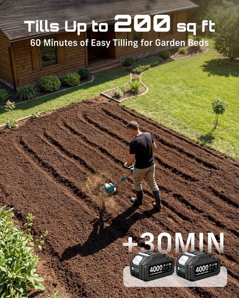 Individual using Cordless Tiller Cultivator For Gardening, 20V With Dual 4Ah Batteries on large garden bed, 200 sq ft