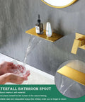 Wall Mount Waterfall Bathroom Sink Faucet In Gold Brass With Wide Spout wall mounted bathroom faucet, hands under water flow