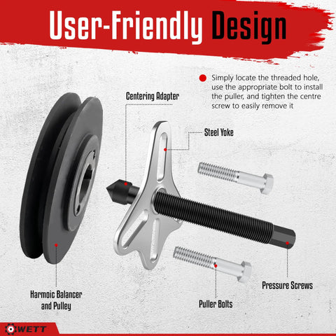 Harmonic Balancer Puller Set with centering adapter, steel yoke, pressure screws, and harmonic balancer depicted in user-friendly guide
